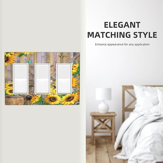Rustic Sunflower Barn Door Country Wood Plank 3 Gang Rocker Light Switch Covers Decorative Triple Outlet Wall Plate Cover Faceplate Decorative Switchplate GFCI for Farmhouse Bathroom Bedroom Decor