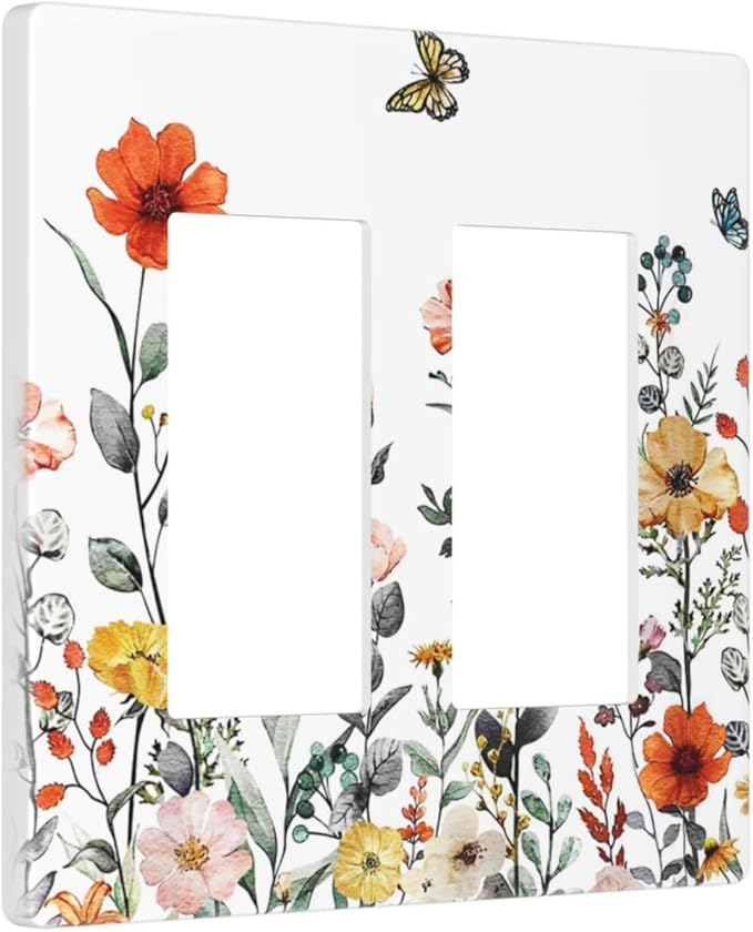 Vintage Colorful Floral Butterfly Wild Flower 2 Gang Double Decorator GFCI/Rocker Wall Plate Spring Nature Blossom Border Electrical Outlet Decorative Receptacle Cover Light Switch for Dimmer, USB