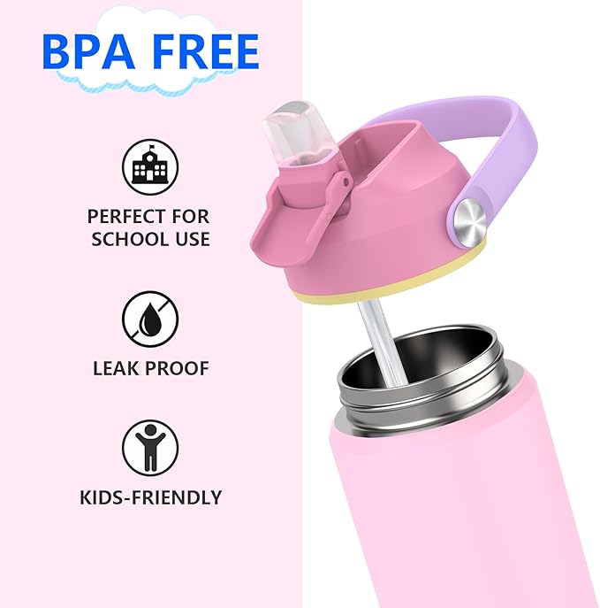 Kids Water Bottle with Straw,18 oz Boys Insulated Cups with Stainless Steel Leak Proof for School Boys Girls,Sport&Travel（Pink）