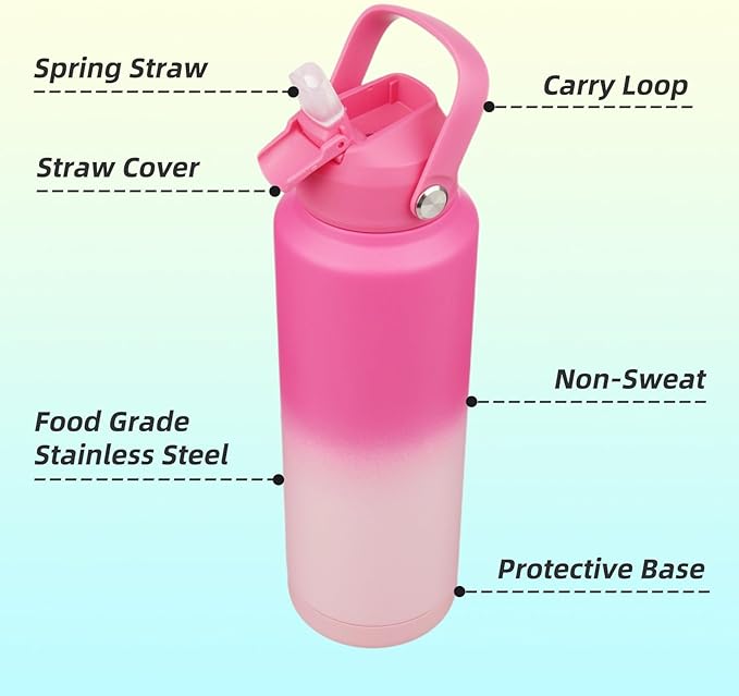 Konokyo Insulated Water Bottle with Straw Lid,40 oz Stainless Steel Vacuum Metal Bottle with Silicone Handle,Cherry Blossom