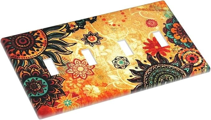 Red Orange Boho Bohemian Flower Floral Decorative 4 Gang Quad Toggle Light Switch Cover Electric Large Size Quadruple Faceplate Decorative Switch Face Wallplate