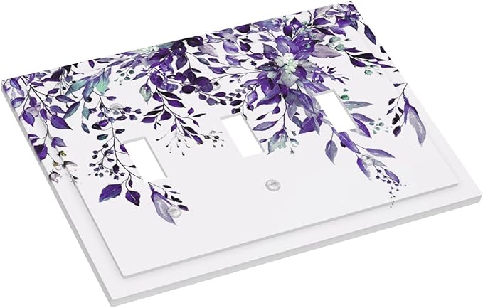Decorative Light Switch Cover Plate Purple Eucalyptus Boho Olive Leaves Country Unique 3 Gang Wall Plate Switch Plate Covers Triple Toggle Jumbo Electrical Faceplate for Bedroom Decor