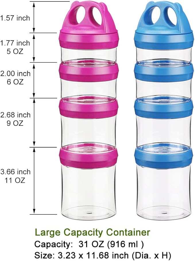 BeneLabel Stackable Food Storage Containers with Twist Lock System - BPA-Free Tritan Containers for Travel, Formula, Protein Powder, Snacks - Leakproof & Dishwasher Safe (Red and Blue, 31oz per)