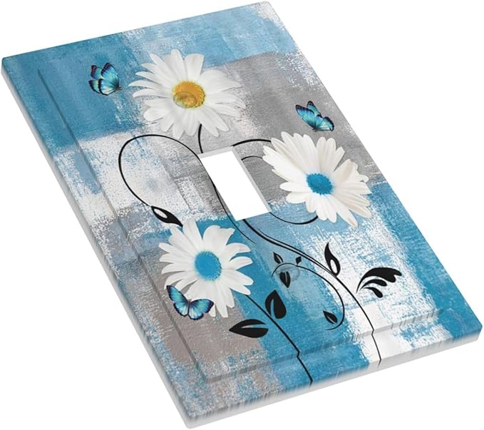 Rustic Daisy Teal Blue Floral Vintage Plant 1 Gang Light Switch Covers Single Toggle Wall Plate Decorative Switchcover Electrical Switchplate for Farmhouse Bathroom Bedroom Decor