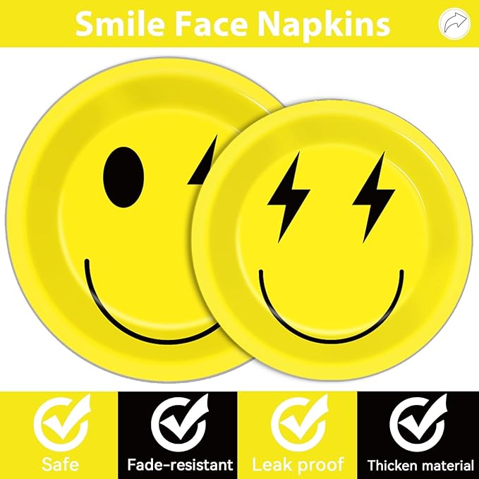 96PCS Smile Face Paper Plates and Napkins Yellow Smile Face Birthday Party Supplies for 24 Guests Preppy Disposable Dinnerware Set Preppy Cake Tableware Party Decorations for Bachelorette Baby Shower