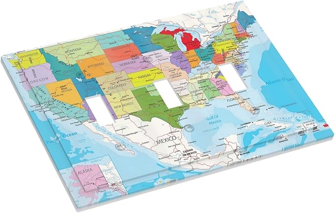 USA Map 3 Gang Triple Toggle Light Switch Wall Plate Cover Decorative Electrical Faceplate for Rustic Barn Door Home Living Room Decorate 6.7" x 4.8