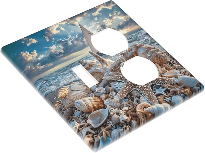 Decorative Outlet Covers Ocean Sea Beach Starfish Seashell Sailboat Sunset 2 Gang Wall Plate Single Toggle Duplex Light Switch Cover Switch Plate Covers Faceplate for Bedroom Home Decor