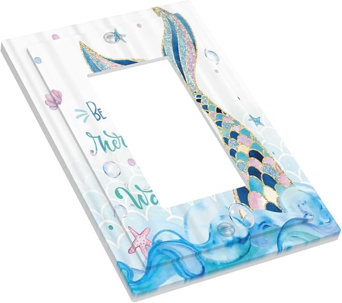 Mermaid Ocean Blue Waves Kids Girl 1 Gang Rocker Light Switch Covers Decorative Single Decora Outlet Wall Plate Faceplate Switchplate GFCI for Kidroom Bathroom Bedroom Decor