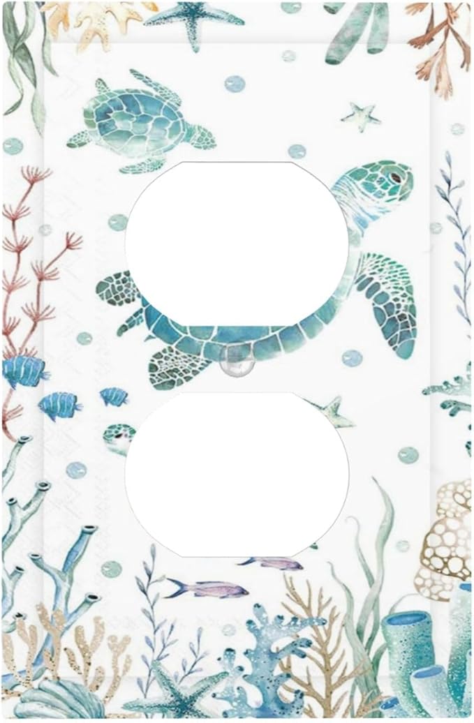 Sea Turtle Ocean Starfish Fish Coral Pearl Outlet Covers 1 Gang Duplex Light Switch Cover Decorative Switch Plates Electrical Receptacle Faceplate Wall Plate for Bathroom Kids Room Decor