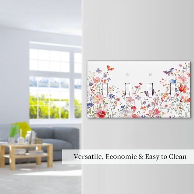 Colorful Flower Watercolor Floral Butterfly Bird Light Switch Covers Quad Toggle Electrical Faceplate 4 Gang Wall Plate Decorative Switch Plates Cover for Bedroom Living Room Decor