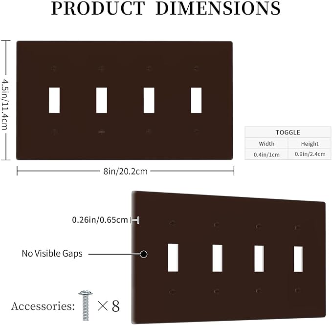 Coffee Brown 4 Gang Quad Toggle Light Switch Cover Decorative Electric Decorative Quadruple Device Switch Face Wall Plate Screwless