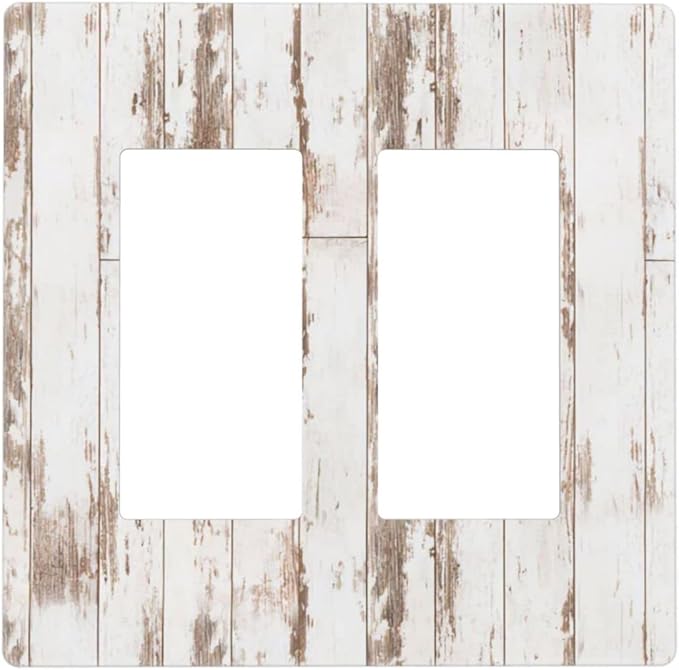 White Grey Wood 2 Gang Double Rocker/Decor Light Switch Cover Decorative Outlet Wall Plate Electrical Faceplate Home Bedroom Art Panel Decor Screwless 4.7" x 4.6
