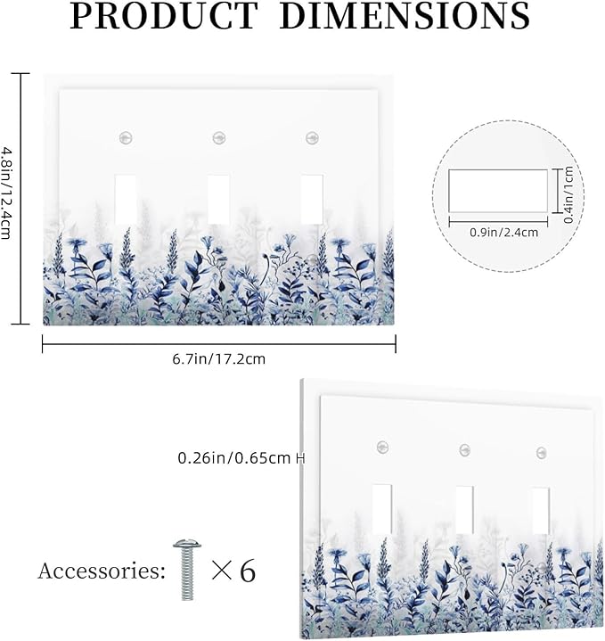 Decorative Light Switch Cover Plate Rustic Blue Plants Wildflowers Boho Leaves Unique 2 Gang Wall Plate Cover Double Toggle Switch Plate Covers Electric Dual Device Electrical Faceplate