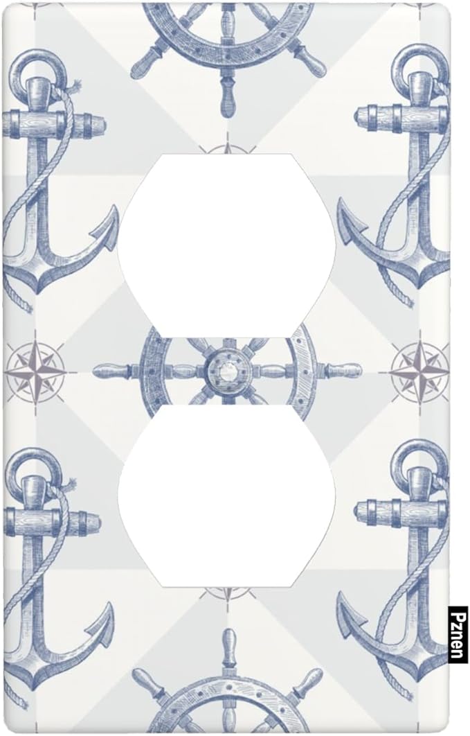 Blue Vintage Anchor Outlet Cover, Coastal Nautical Anchor 1-Gang Duplex Receptacle Wall Plate for Nautical Home Bedroom Bathroom Decor