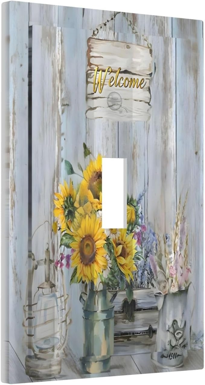 Rustic Sunflower Floral Vintage Wood Board Decorative Light Switch Cover 1 Gang Single Toggle Device Electrical Faceplate Switchplates Decorator Outlet Wall Plate for Farmhouse Home Decor