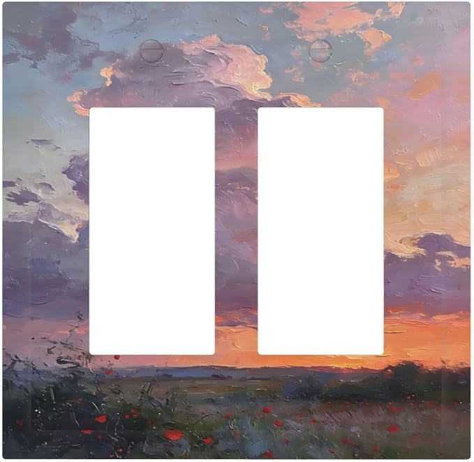 Abstract Sunset Dusk Natural Scenery Wild Flowers Decorative Outlet Covers 2 Gang Double GFCI Rocker Electrical Wall Panels Light Switch Cover Plate for Farmhouse Bedroom Decor