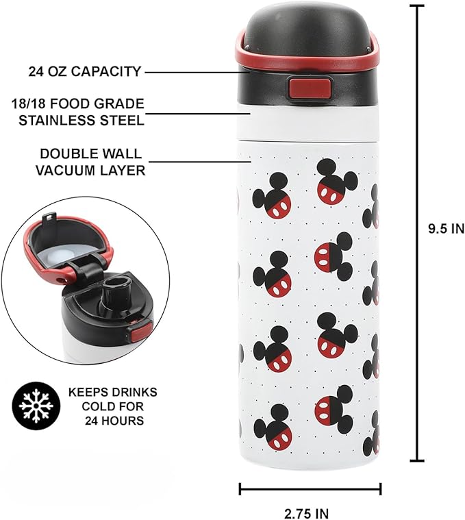 Mickey Mouse Classic Mickey Ears All-Over Print White 24 Oz Stainless Steel Water Bottle
