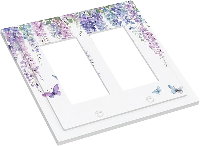 Decorative Outlet Covers Purple Flowers Watercolor Floral Butterflies 2 Gang Double Gfci Rocker Electrical Wall Panels Light Switch Cover Plate For Bed Room Living Room Decor