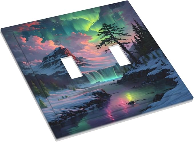 Snow Mountain Aurora Waterfalls Rivers Forest Decorative Switch Plates 2 Gang Double Toggle Outlet Light Switch Cover Wall Plate Electrical Faceplate for Bedroom Living Room Decor