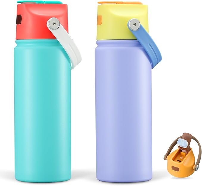 2 PACK 18 OZ Water Bottle for Kids, Stainless Steel Double Insulated Sports Water Bottle, Leak Proof Straw Cup for School, Gifts and Travel, BPA Free (Light Turquoise, Purple)