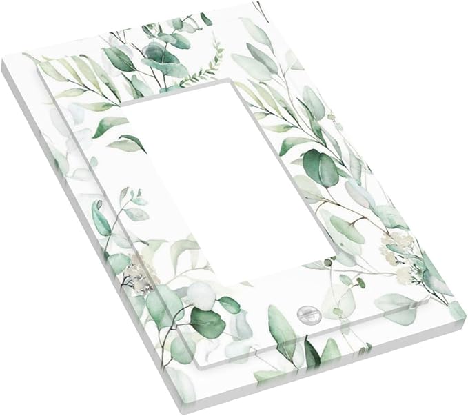 Boho Green Eucalyptus Leaf Floral Plants Flowers Decorative Outlet Covers 1 Gang Single Rocker Light Switch Cover Plate Wall Plates GFCI Faceplate for Bed Room Living Room Decor