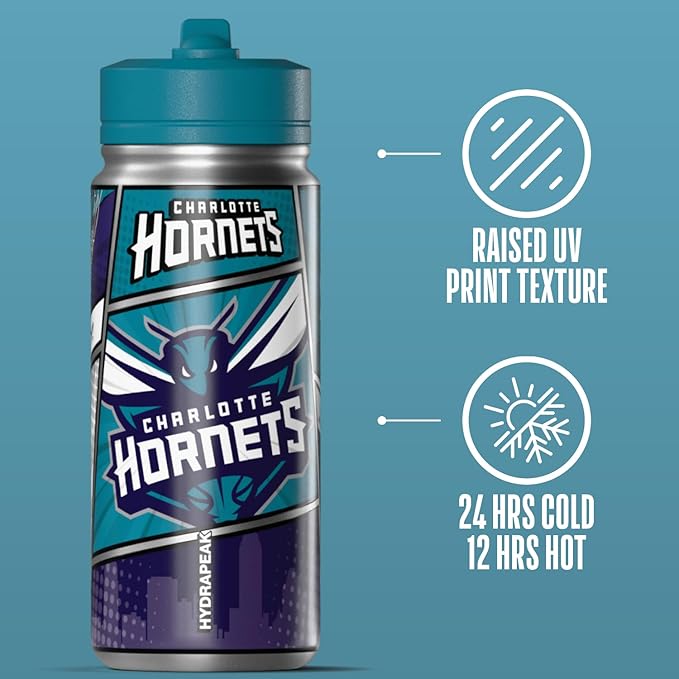 Hydrapeak x NBA Charlotte Hornets 20 oz Stainless Steel Water Bottle, Officially Licensed Double Wall Insulated Sports Bottle with Straw Lid, Reusable Leakproof Gift for Kids & Adults