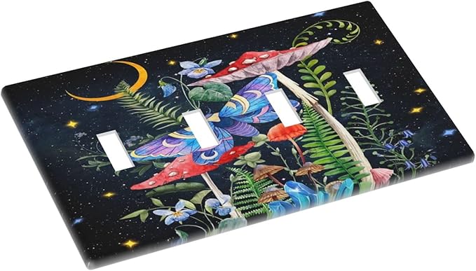 Moon Snail Boho Moth Mushroom Moon 4 Gang Quad Toggle Device Decorator Light Switch Cover Black Moth Witchy Botanical Plant Galaxy Night Starry Wall Plate Decorative Electrical Faceplate Switchplate