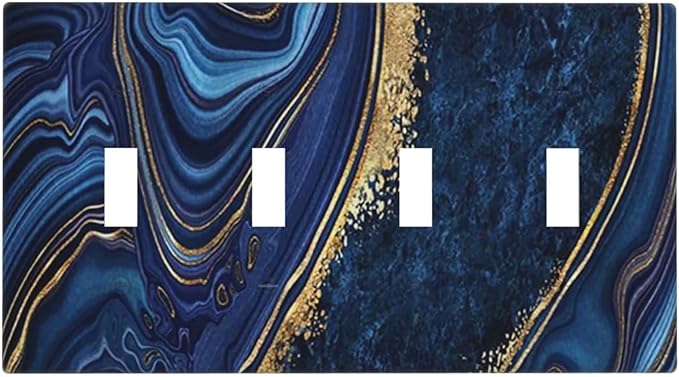 Navy Blue Marble 4 Gang Light Switch Cover Decorative Quad Toggle Wall Plate For Teen Kids Boys Bathroom Home Bedroom Art Panel Decorate 8" x 4.5