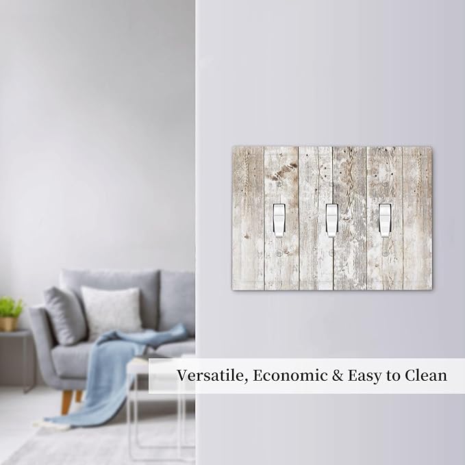 Vintage Light Wood Retro Rustic White Gray Oak Print Decorative Switch Plates 3 Gang Wall Plate Triple Toggle Light Switch Cover Faceplate Electrical Wall Panels for Farmhouse Home Decor