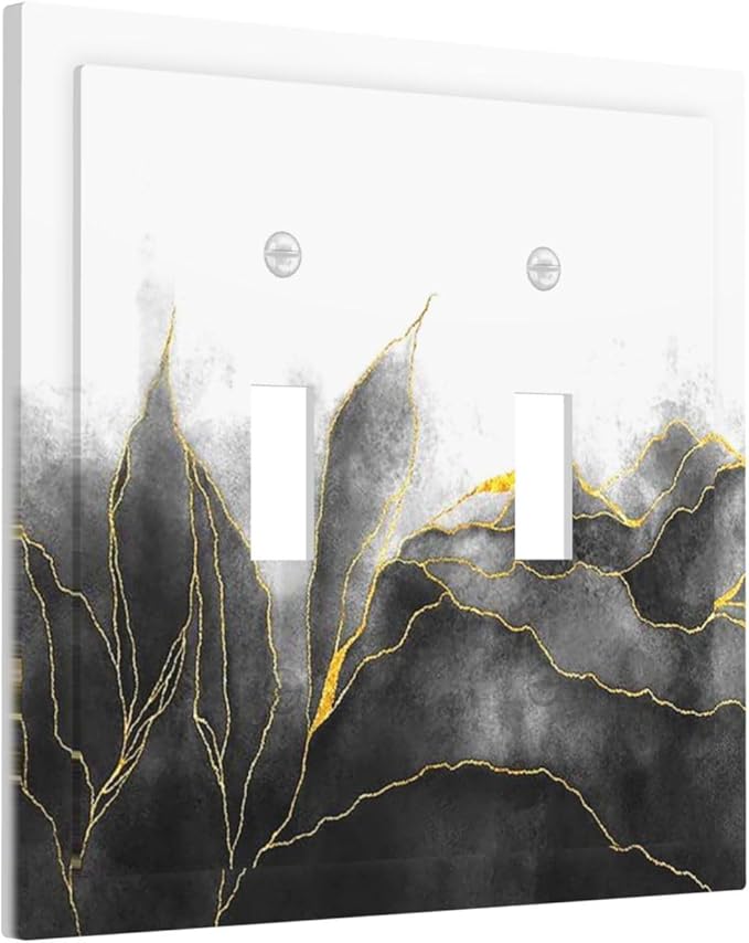 Decorative Switch Plates Black And Gold Marble White Golden Leaves 2 Gang Double Toggle Wall Plate Outlet Light Switch Cover Electrical Faceplate for Bedroom living Room Decor