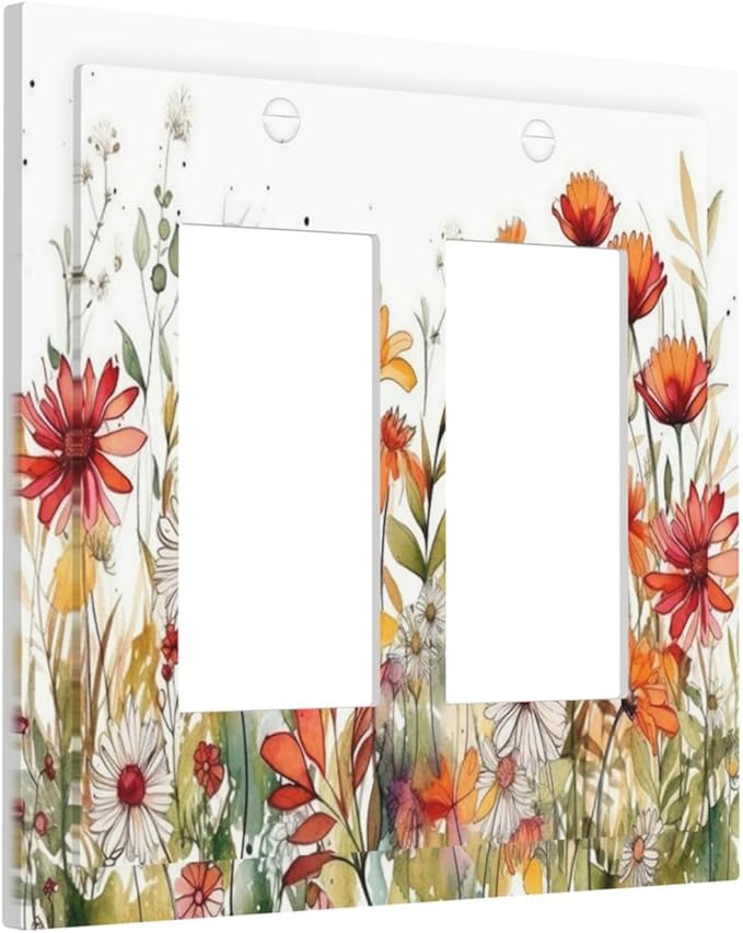 Watercolor Wild Flower Floral Daisy Plant Decorative Outlet Covers 2 Gang Double GFCI Rocker Electrical Wall Panels Light Switch Cover Plate for Bedroom Living Room Decor