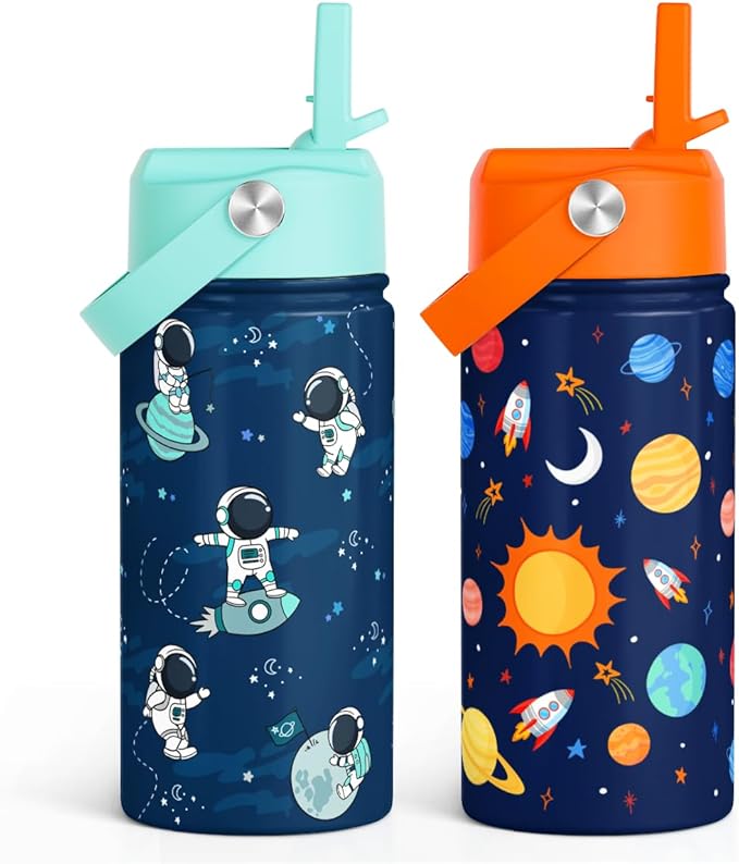 Kid Water Bottle 12oz with Straw Lid - 2-Pack Insulated Stainless Steel Water Bottles for Kids Boys Girls - Travel Cup for School Sports, Outer Space & Astronaut