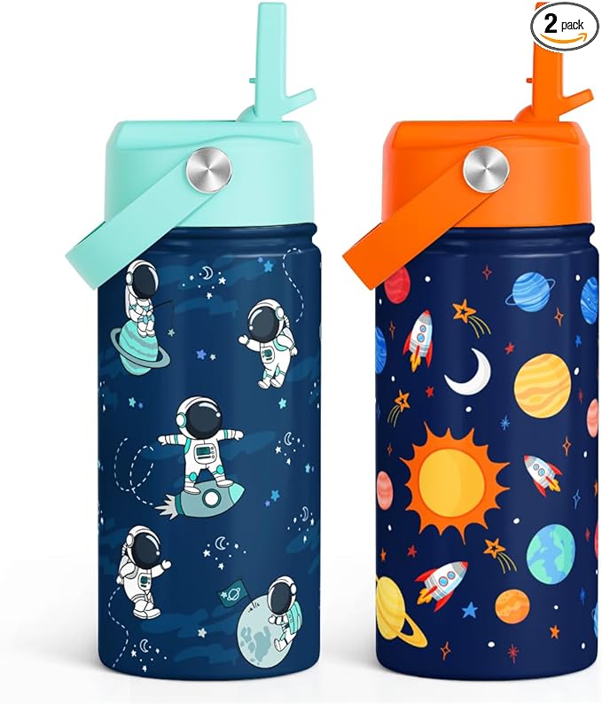 Kid Water Bottle 12oz with Straw Lid - 2-Pack Insulated Stainless Steel Water Bottles for Kids Boys Girls - Travel Cup for School Sports, Outer Space & Astronaut