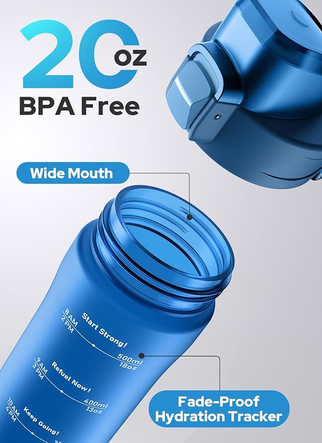 Opard Zip 20oz Plastic Water Bottle Dishwasher Safe, Leakproof Flip-Top Lid, BPA Free Tritan, Wide Mouth Reusable Kids Water Bottle for School Hiking Commuting Outdoor Travel and Gym