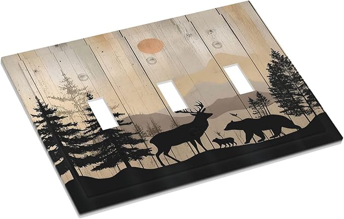 Decorative Switch Plates Wood Board Wildlife Cute Bear Deer Forest Rustic 3 Gang Wall Plate Triple Toggle Light Switch Cover Faceplate Electrical Wall Panels for Bathroom Farmhouse Decor