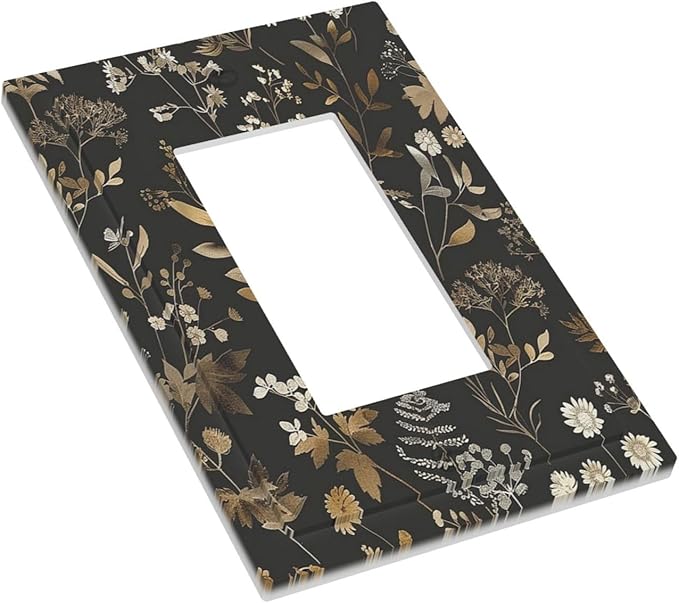 Decorative Outlet Covers Black Gold Floral Dark Leaves Vintage Flowers 1 Gang Single Rocker Light Switch Cover Plate Wall Plates GFCI Faceplate for Bed Room Home Decor