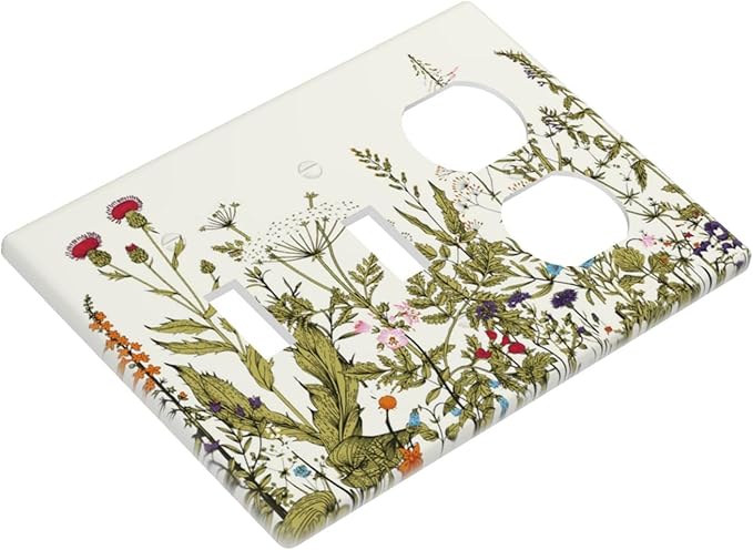 Country Vintage Rustic Flowers Floral 3 Gang 2 Toggle 1 Rocker/GFCI/Decorator Combination Outlet Light Switch Cover Beige Yellow Blossom Nature Wildflower Style Decorative Combo Switch Face Wall Plate