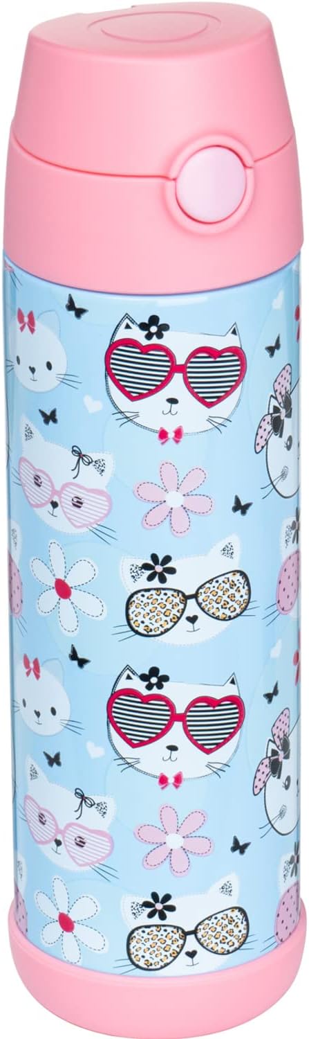 Snug Insulated Kids Water Bottle with Straw & Spout – Double-Wall Stainless Steel, Leakproof, Easy-Flip Lid – For School, Travel, Toddlers & Big Kids - Kitty, 17oz
