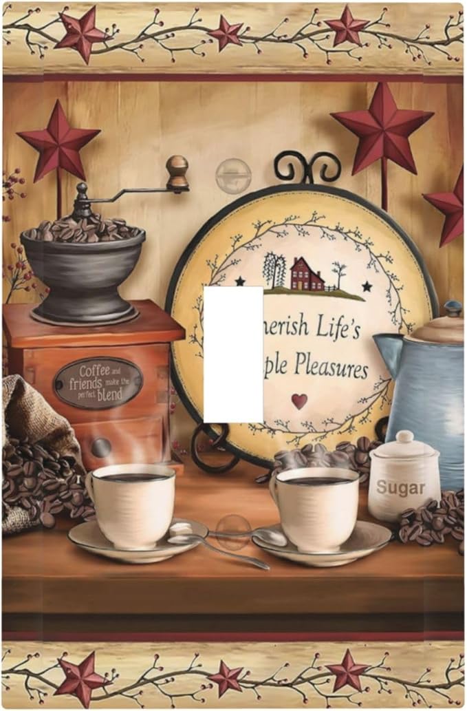 Kitchen Coffee Beans Cup Bar Clock Restaurant Decorative Light Switch Cover 1-Gang Cafe Country Life Texas Star Dining Room Single Toggle Wall Plate Electrical Device Switch Face Wallplate Jumbo Size