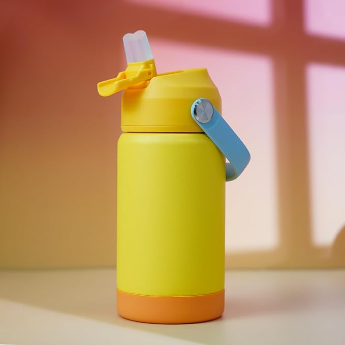 BJPKPK Insulated Water Bottle with Straw Lid, 12oz Thermo Water Bottles with Soft Nozzle, Flex Handle & Non-slip Boot, BPA Free Leak Proof Stainless Steel Metal Thermo, Tumblers, Cups,Yellow