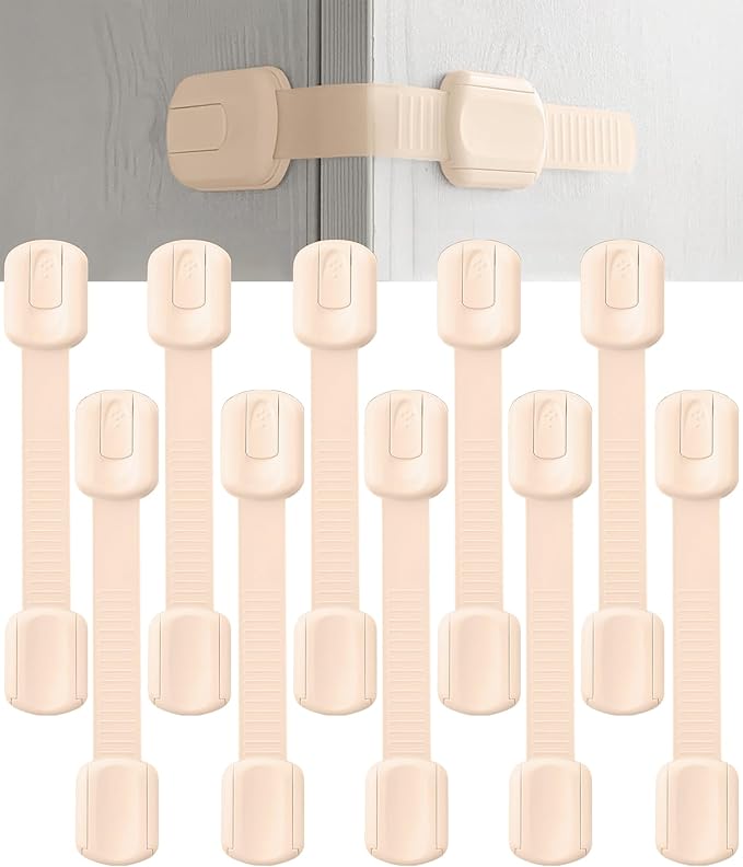 Bate- Child Safety Strap Locks, 10 Pack, Baby Locks for Cabinets, Drawers, Kitchen, Toilet, Furniture, Fridge, Multi-Purpose, Easy Install with Quick 3M Adhesive for Childproofing