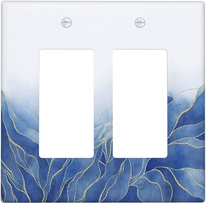Decorative Outlet Covers Blue Gold Leaf Marble Modern Abstract 2 Gang Double Rocker Light Switch Cover Decorative Switch plates Electrical Wallplates GFCI Receptacle for Kitchen Bathroom Decor