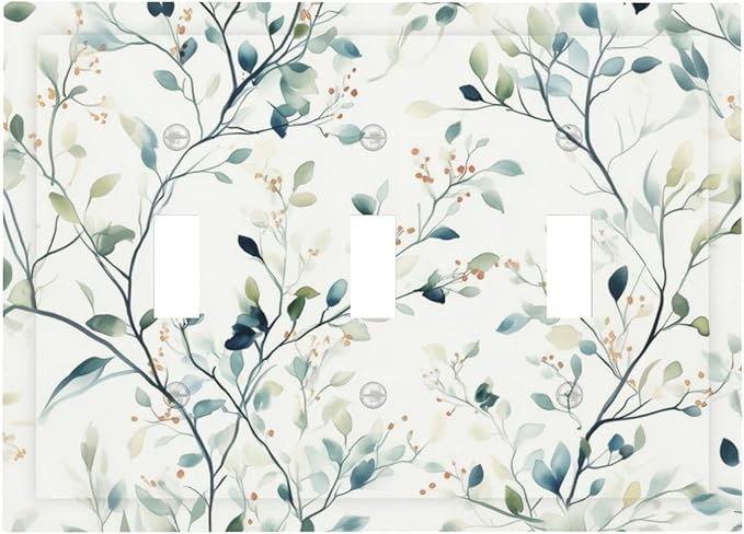 Watercolor Floral Green Leaves 3 Gang Light Switch Cover Green Botanical Flowers Triple Toggle Wall Plate Decorative Electrical Switchplates for Country Bedroom Kitchen Living Room Decor