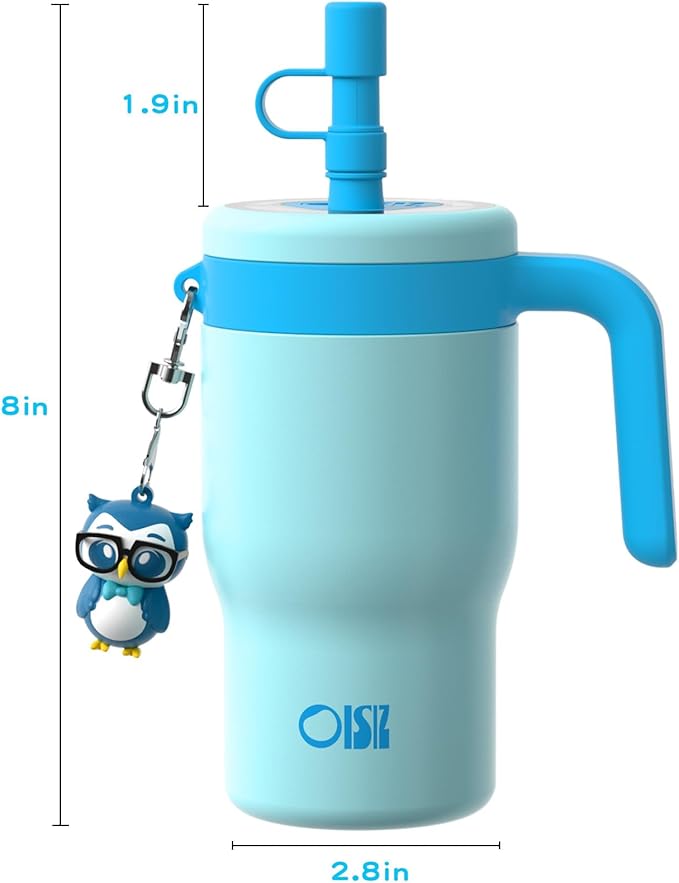 OISIZ 14oz Kids Tumbler with Straw Lid & Handle,Kids Cup with Animal Accessory for School,Kids Water Bottles with Dust-proof Cover,Leakproof Bottles,316 Stainless Steel,Keep Cold 24 Hours-sky blue