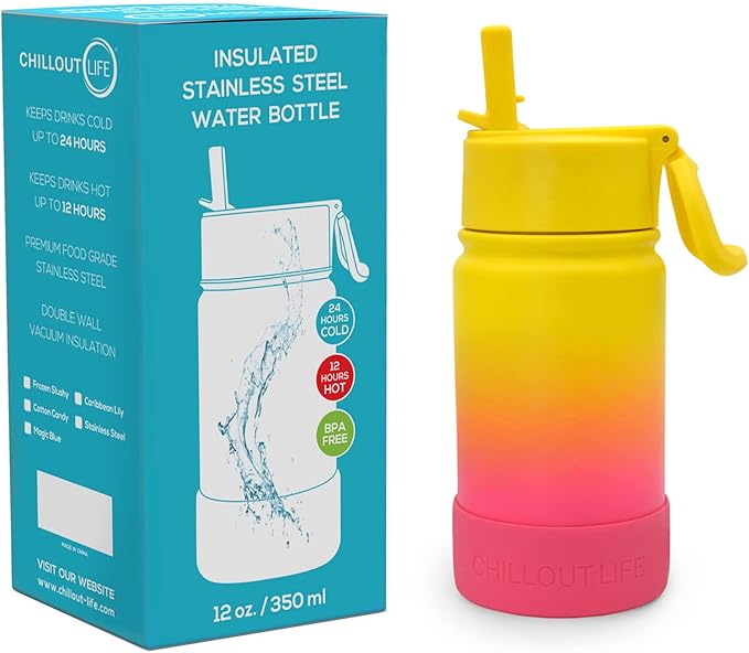 CHILLOUT LIFE 12 oz Kids Insulated Water Bottle for School with Straw Lid Leakproof and Cute Waterproof Stickers, Personalized Stainless Steel Thermos Flask Metal Water Bottle for Girls & Boys