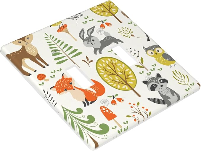 Woodland Animals 2-Gang Double Toggle Switch Plate, Forest Mushroom Wall Plate for Nursery, Kids Room, Playroom & Cabin