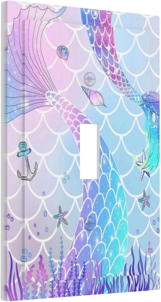 Girls Kids Purple Pink Mermaid Scales 1-Gang Sing Toggle Outlet Light Switch Cover Wall Plate Colorful Cute Conch Coral Ocean Theme Decorative Face Plate Electrical Receptacle Cover Jumbo Size