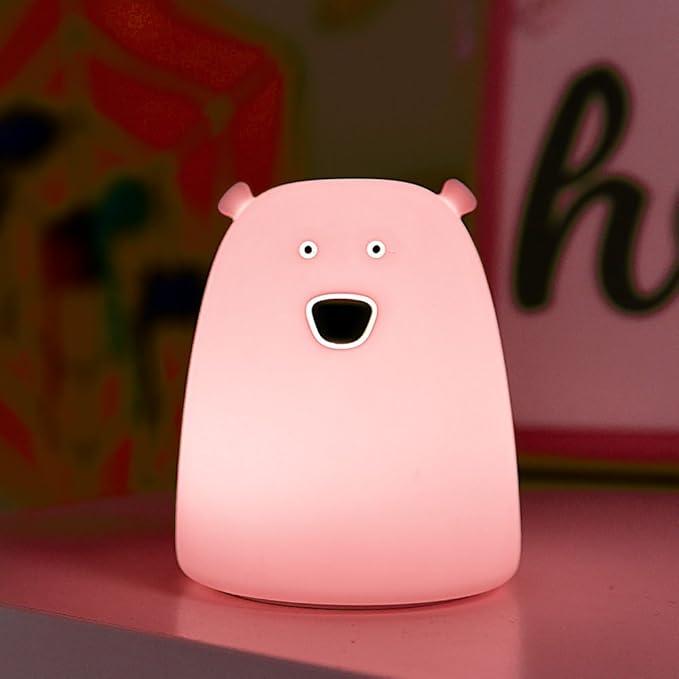 Portable Silicone LED Cartoon Night Light for Kids USB Rechargeable, Warm/White Light, 7-Color Changeable Light, Cute Children Night Lamp for Baby, Bedroom and Nursery (Bear)