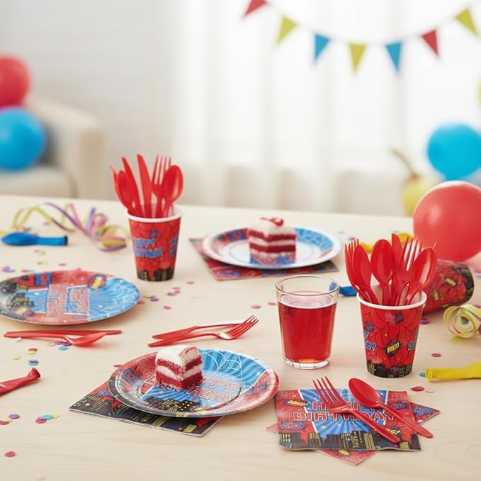 Cartoon Spider Birthday Party Supplies for Kids Child Themed Birthday Party，Red Blue Superhero Theme Party Decorations Disposable Tableware Set With Plates, Cups, Napkins & Cutlery for 24 Guests