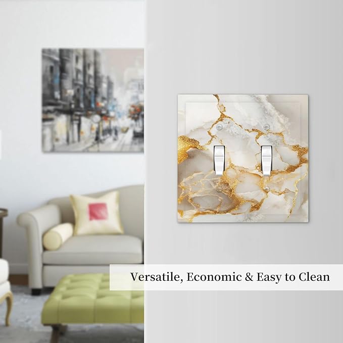 Gold Marble Crack Simple Abstract Print Decorative Switch Plates 2 Gang Double Toggle Outlet Light Switch Cover Wall Plate Electrical Faceplate for Bathroom Kitchen Home Decor